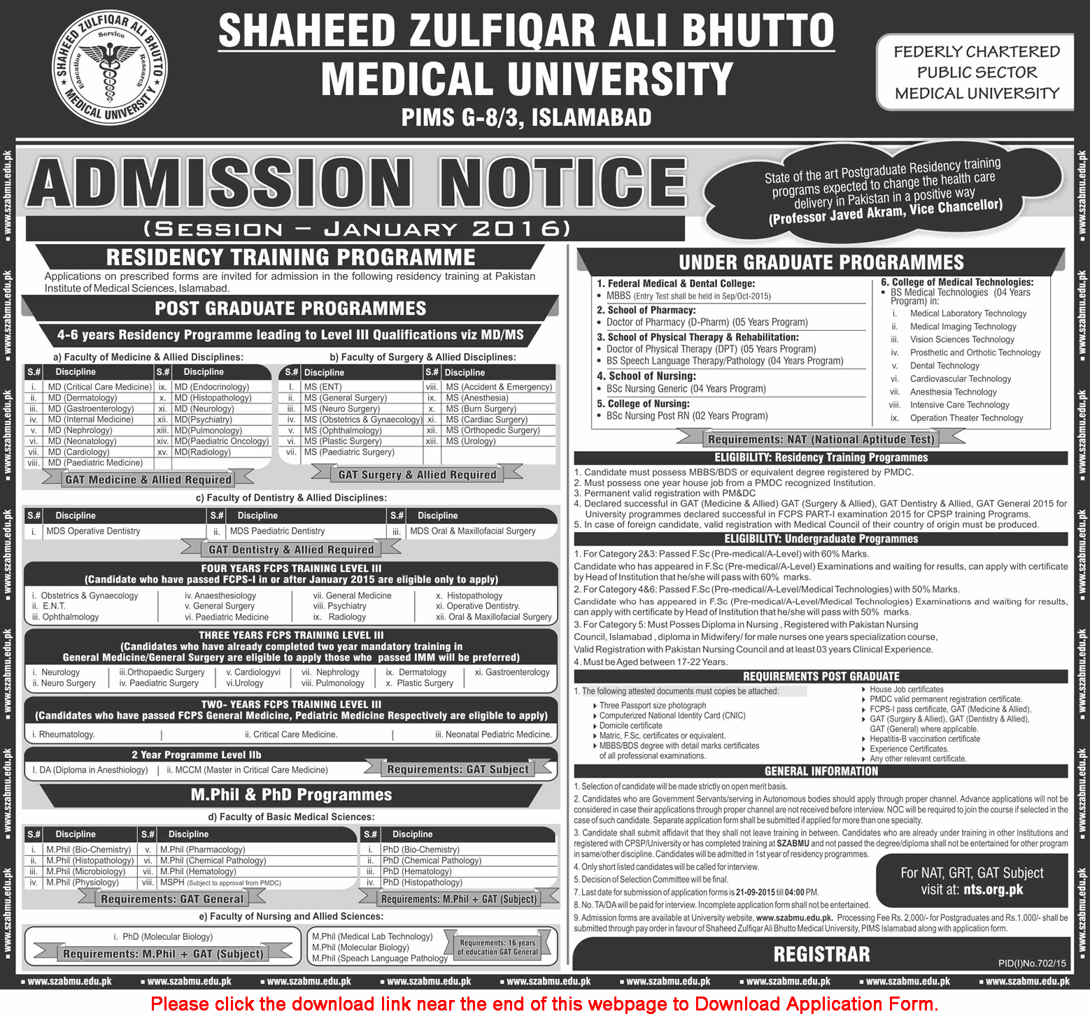 Shaheed Zulfiqar Ali Bhutto Medical University Islamabad Admissions ...